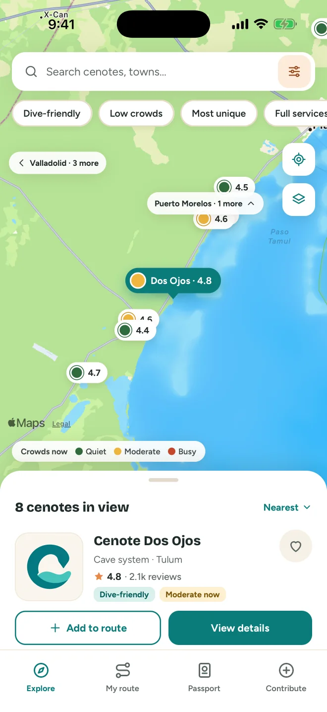 Pantalla del mapa del app Cenote Finder con la afluencia de cada cenote